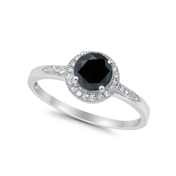 Halo Art Deco Engagement Ring Round Simulated Black CZ 925 Sterling Silver